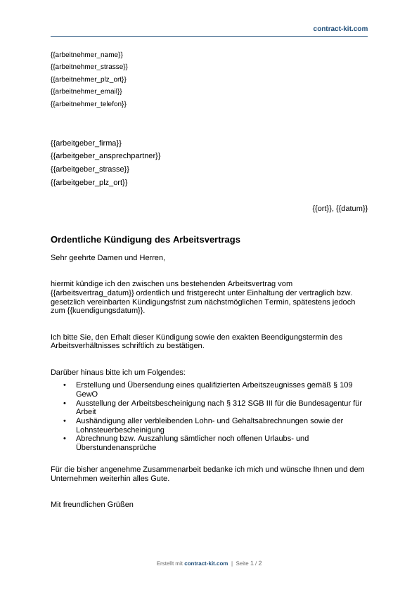 Kündigung Arbeitsvertrag