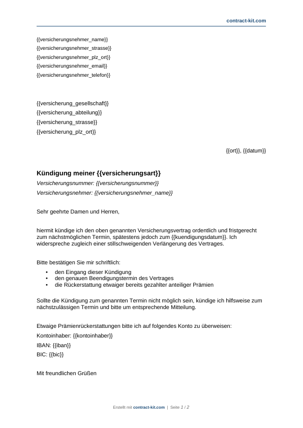 Kündigung Versicherung