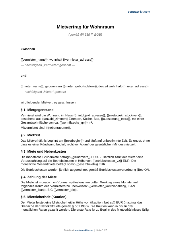 Mietvertrag Wohnraum