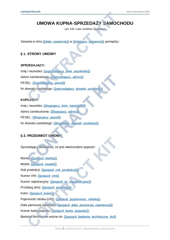 Umowa kupna-sprzedaży samochodu — Wzór