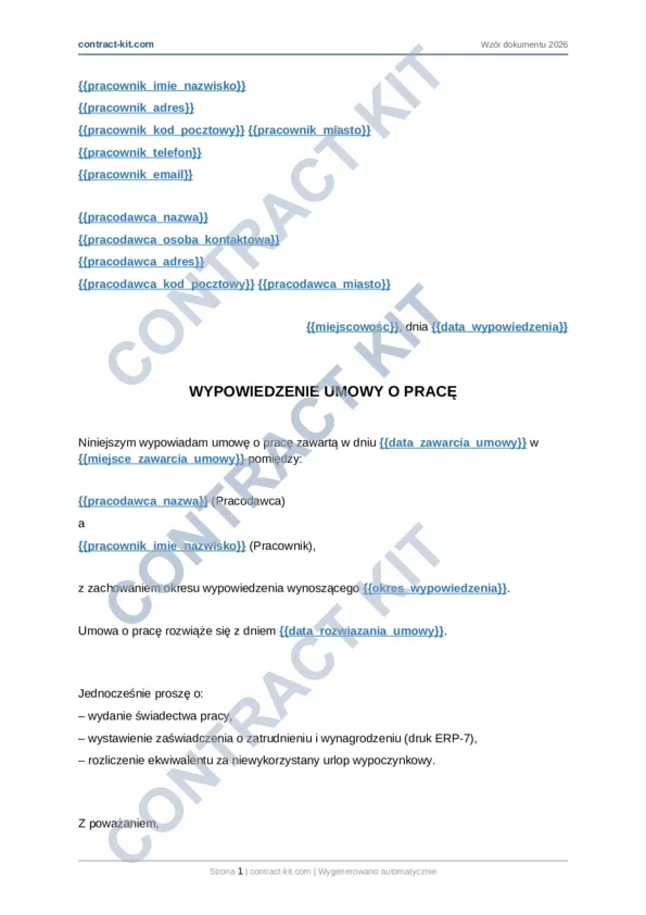 Wypowiedzenie umowy o pracę — Wzór