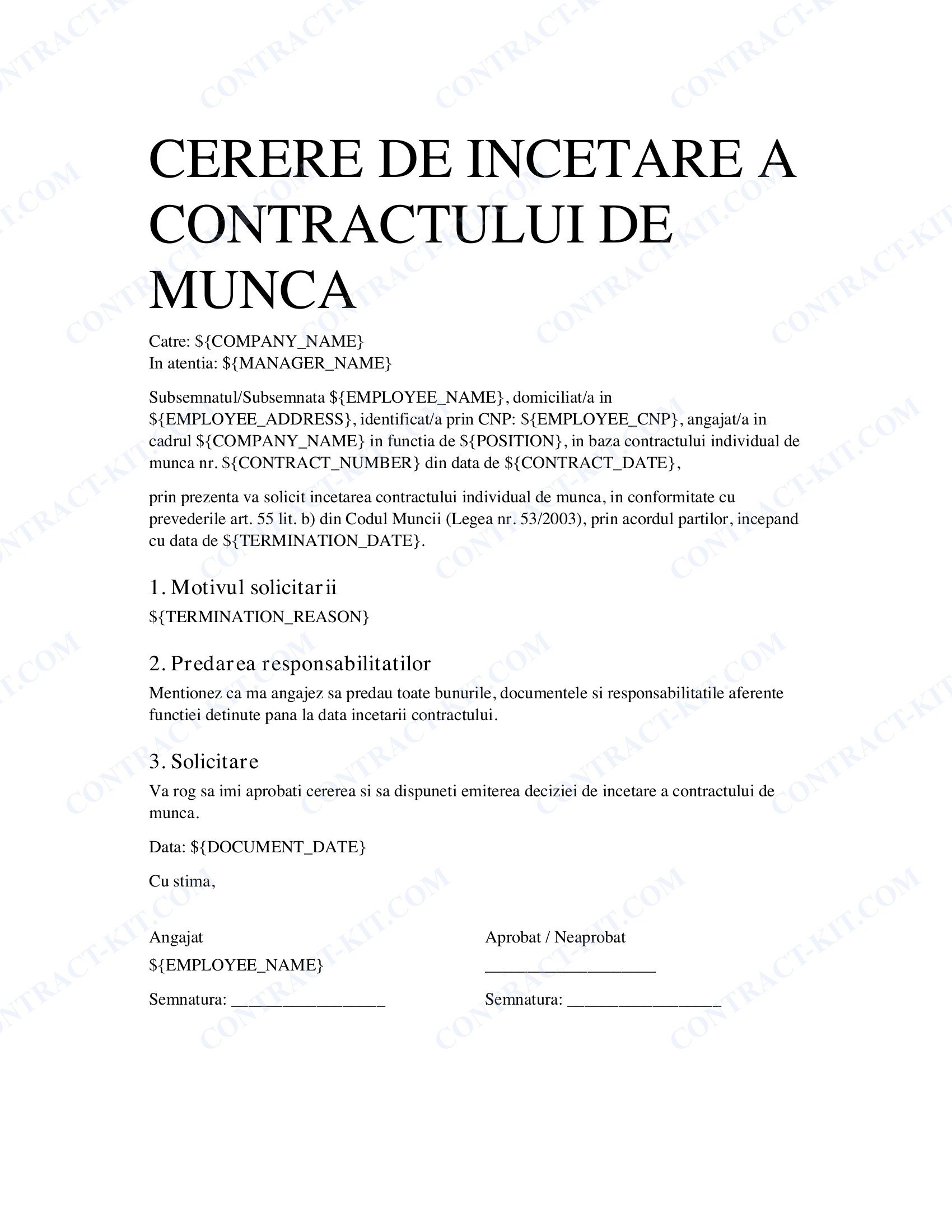 Cerere Încetare Contract de Muncă