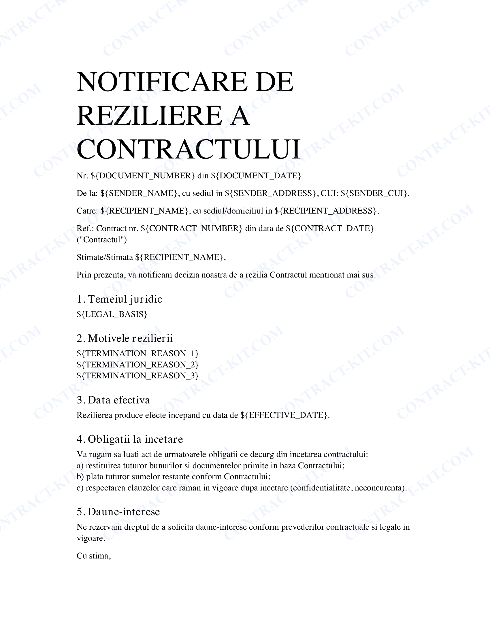 Notificare de Reziliere Contract